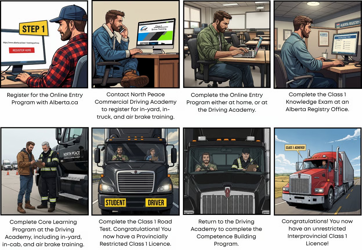 A comic book style image with eight frames describing the steps to obtain a Class 1 license in Alberta. Each of the frames are described in greater detail below.
